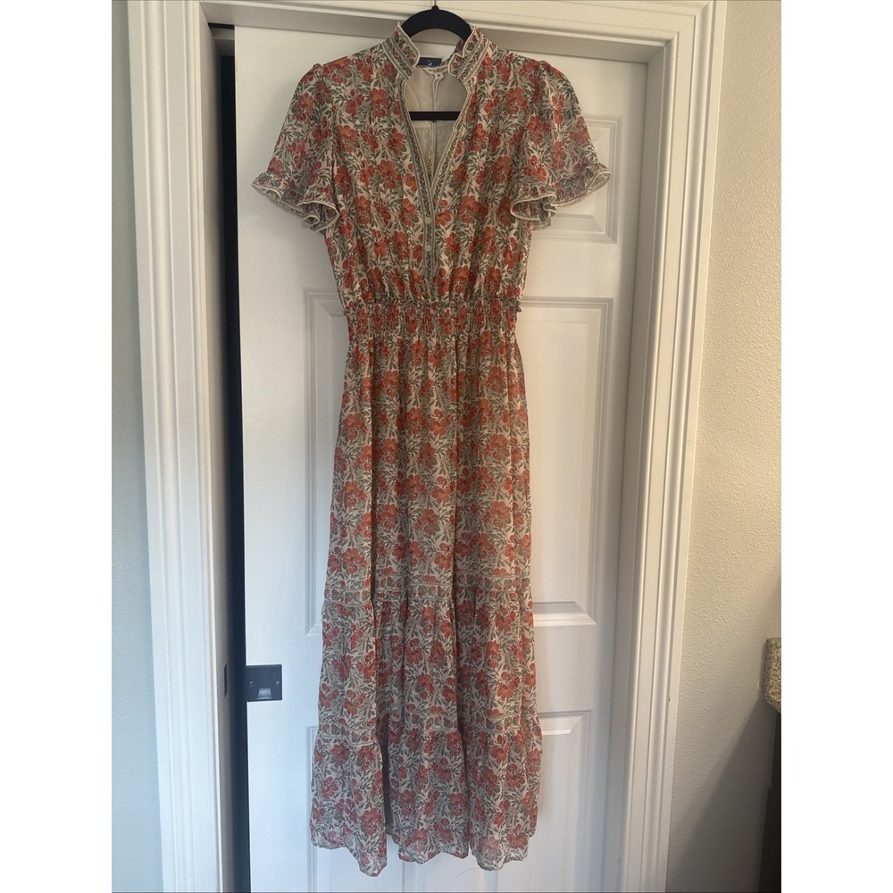 Max Studio Peasant Tiered Long Dress Ruffle Neck Floral Size M NWT